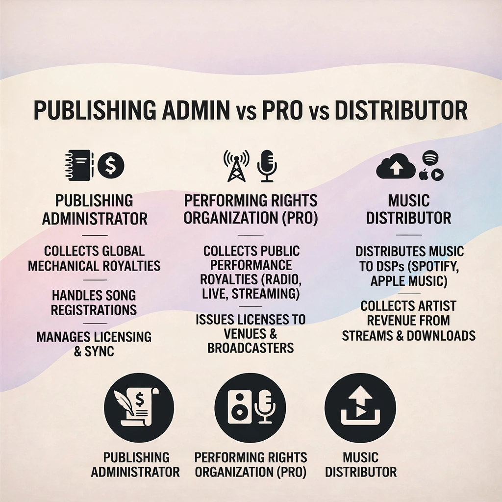 Publishing Admin vs PRO vs Music Distributor: Complete 2026 Guide for Indie Artists